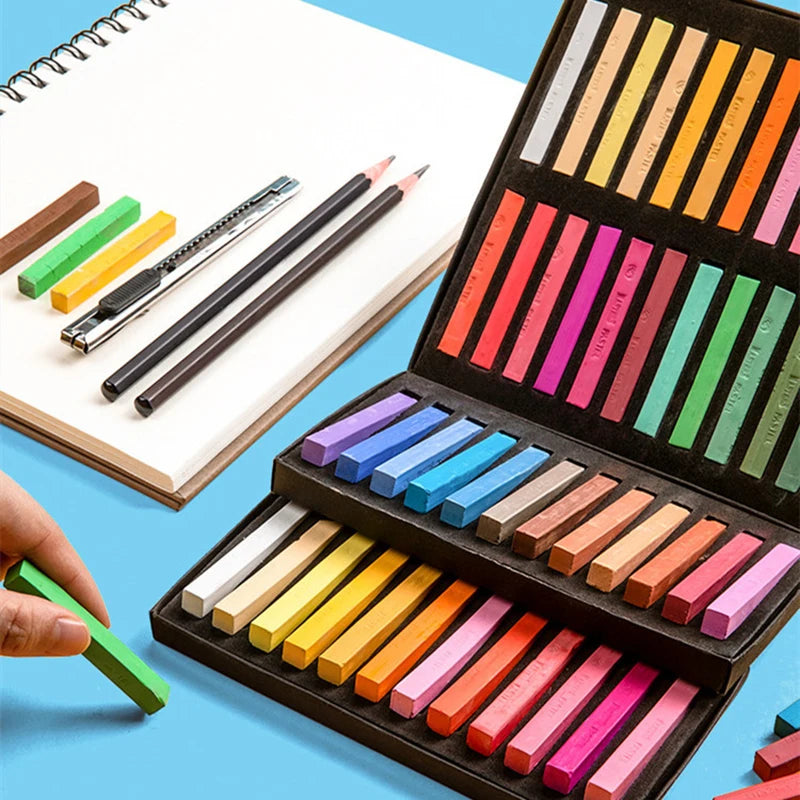 Coffret de pastels secs pour débutants et intermédiaires. Dessiner, créer, s'exprimer grâce aux couleurs. Format des pastels : carrés.