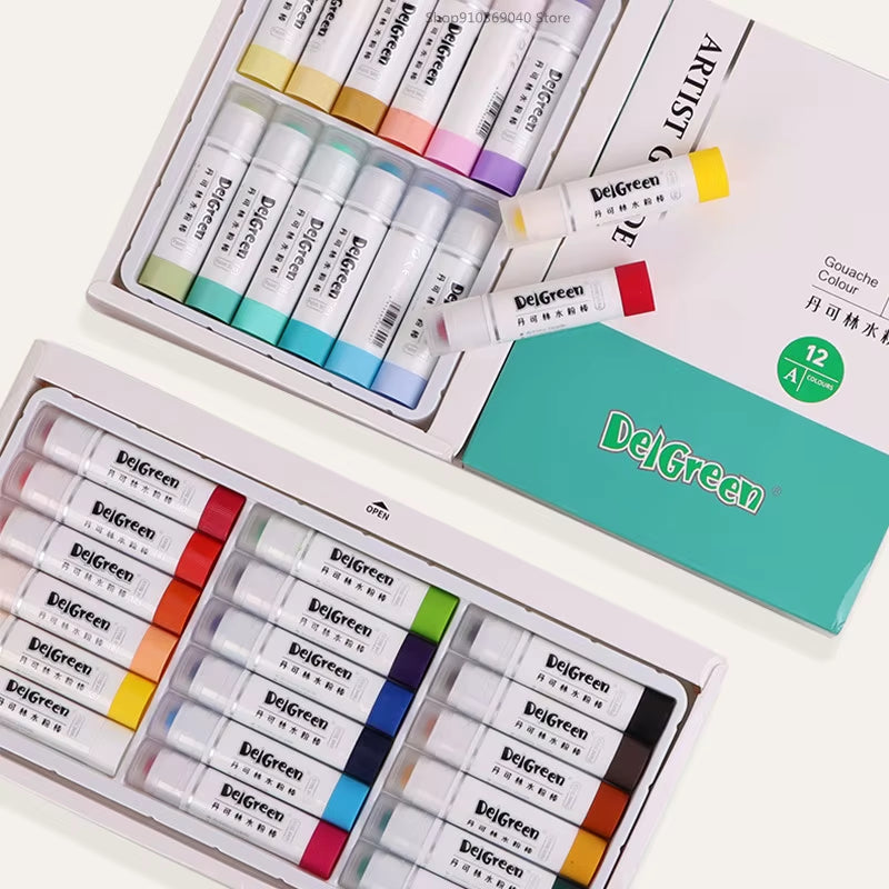 De la peinture gouache en bâtons, soluble, idéal pour une prise en main facile et propre. Parfait pour faire peindre les enfants facilement et rapidement !
