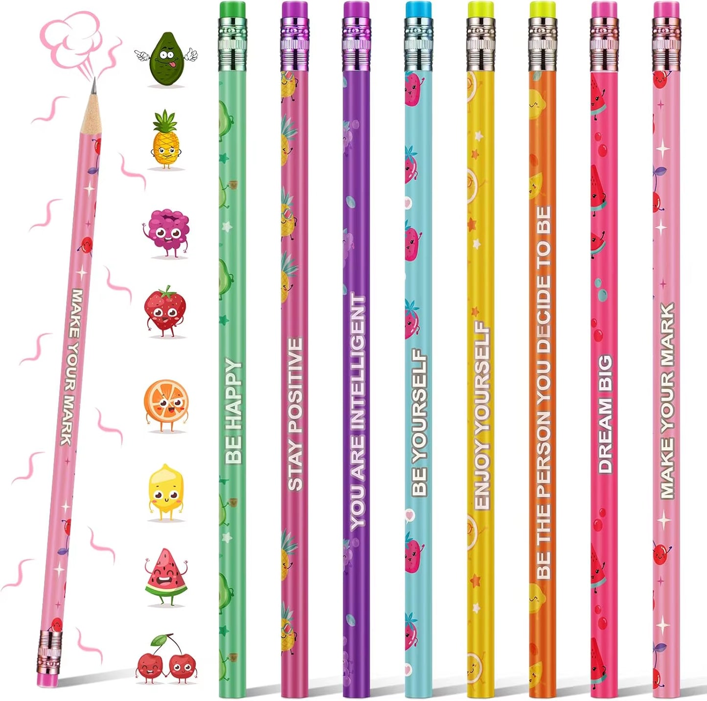 Lot de crayons avec phrases positives, parfumés, fruités et colorés.