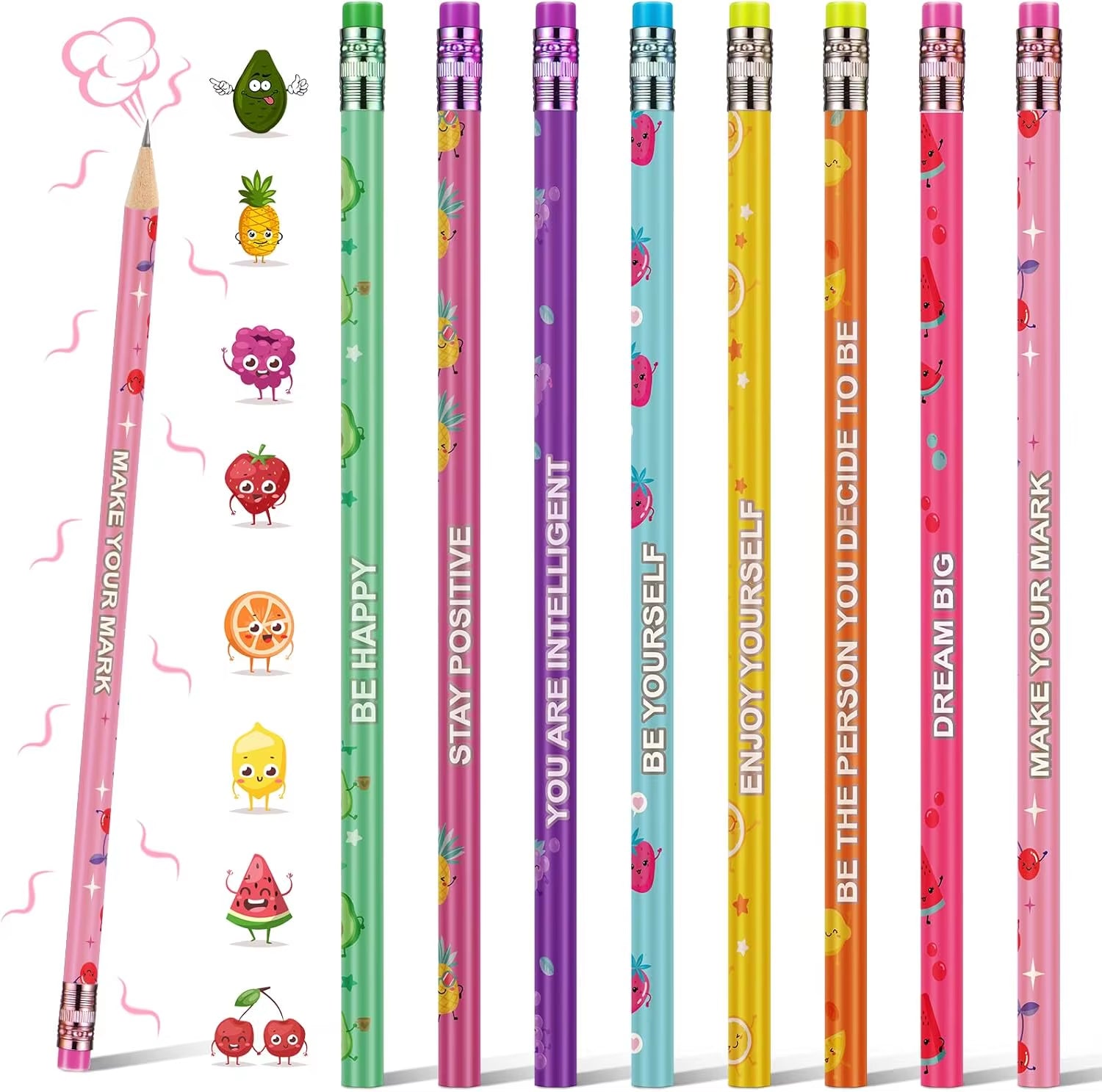 Lot de crayons avec phrases positives, parfumés, fruités et colorés.
