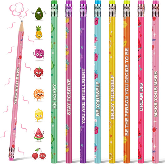 Lot de crayons avec phrases positives, parfumés, fruités et colorés.