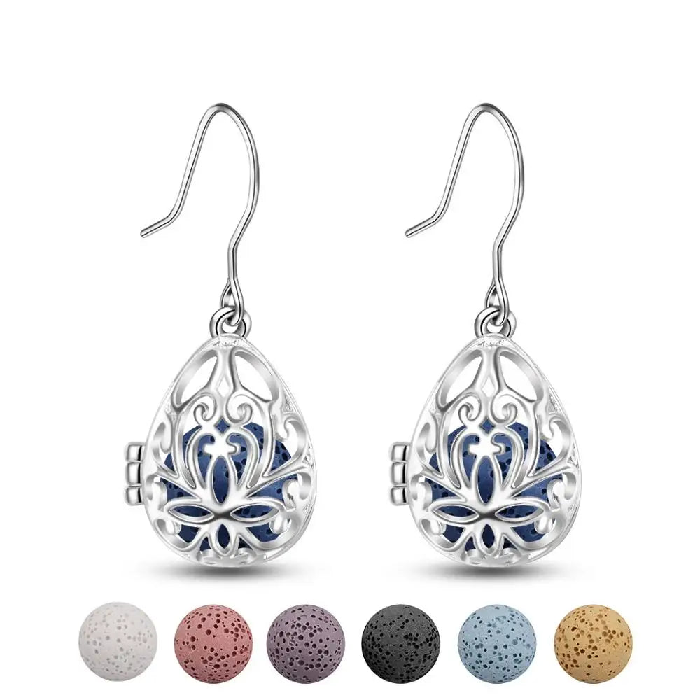 12Mm Water Drop Fashion Dangle Earring Lava Stone Hollow Out Earrings Aromatherapy Essential Oil Diffuser Hook Earring