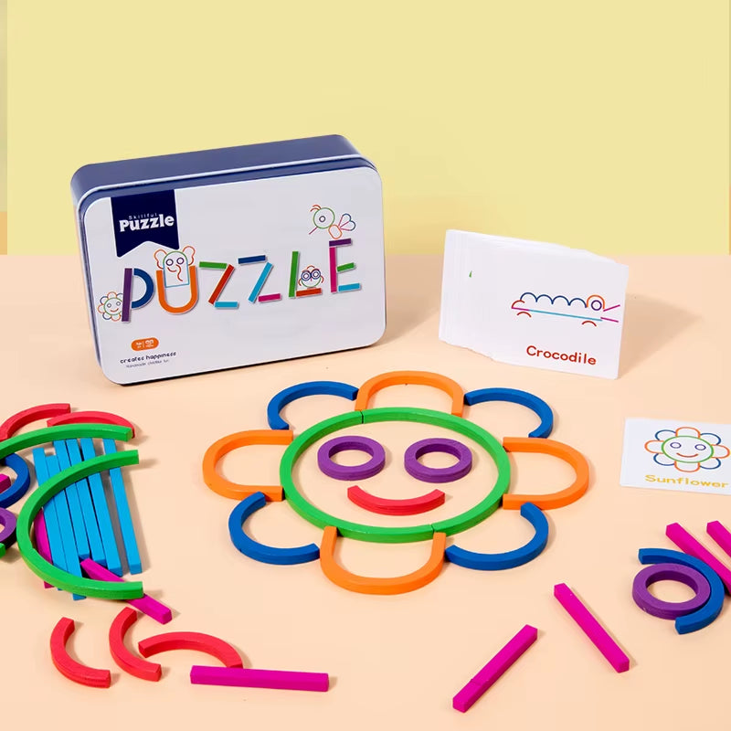 Jeu ludique de puzzle en bois 3D coloré : éveil & développement cognitif. Apprenez en s'amusant avec les cartes et modèles à reproduire en 3D.