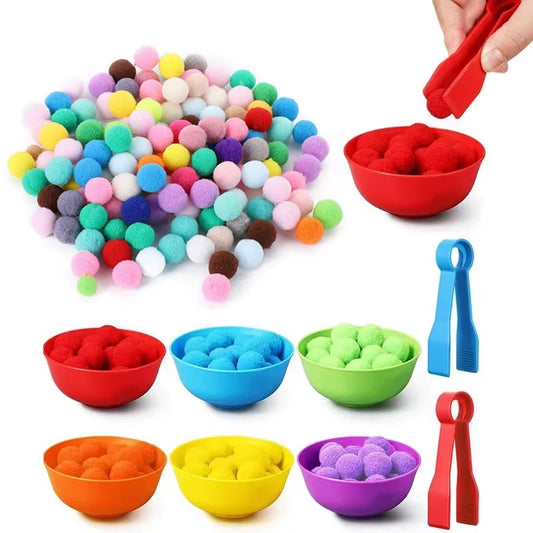 Jeu d'éveil de discrimination des couleurs pour enfants. Amuses toi à ranger avec la pince  les pompons selon la même couleur du petit pot correspondant.
