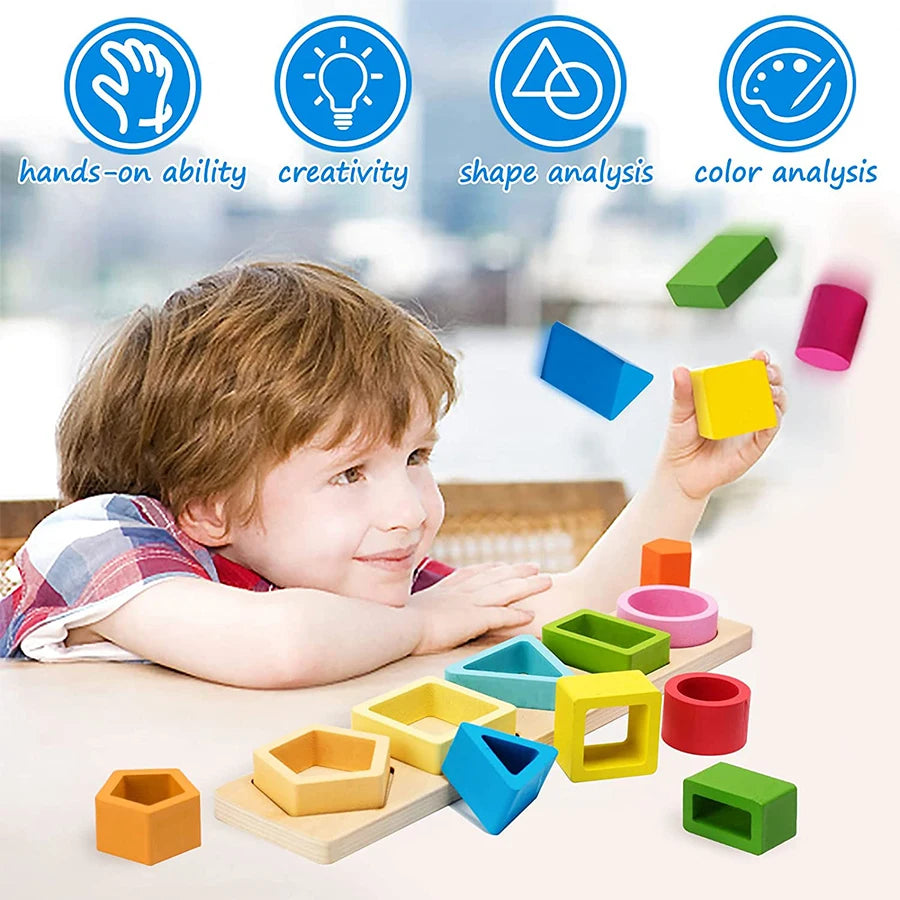 Jeu d'éveil en bois d'encastrement cigogne style Montessori. Apprendre en s'amusant avec des formes colorés et géométriques idéal le développement cognitif. 