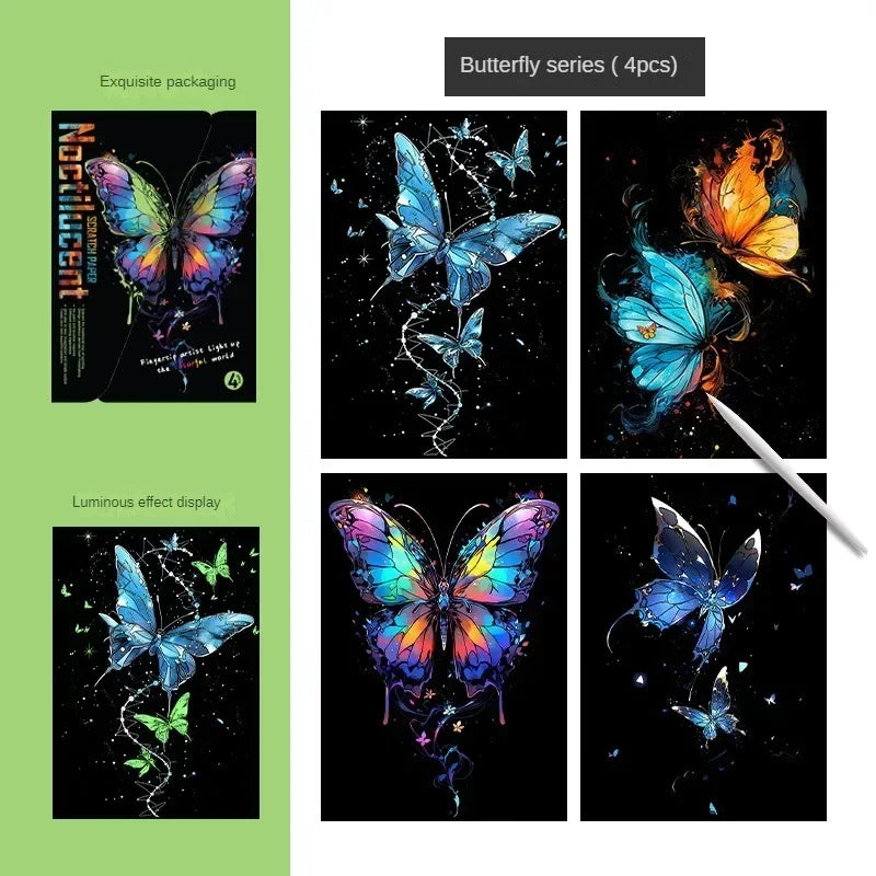 4Pcs/Set DIY Hand Drawn Luminous Painting Glow Scratch Painting Colorful Cardboard Painting Creative Draw Pictures