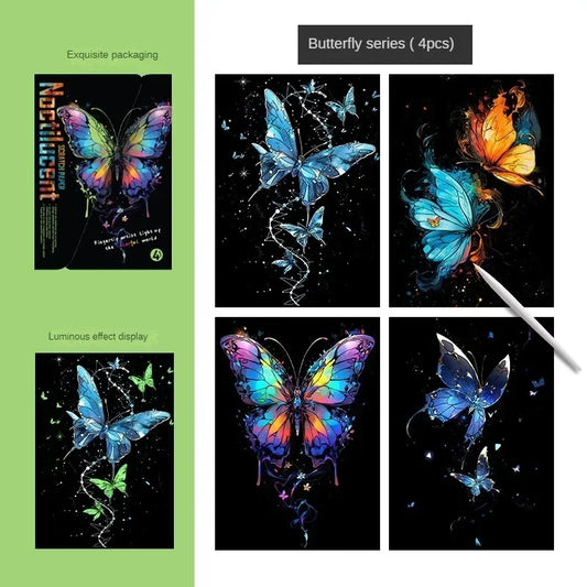 4Pcs/Set DIY Hand Drawn Luminous Painting Glow Scratch Painting Colorful Cardboard Painting Creative Draw Pictures