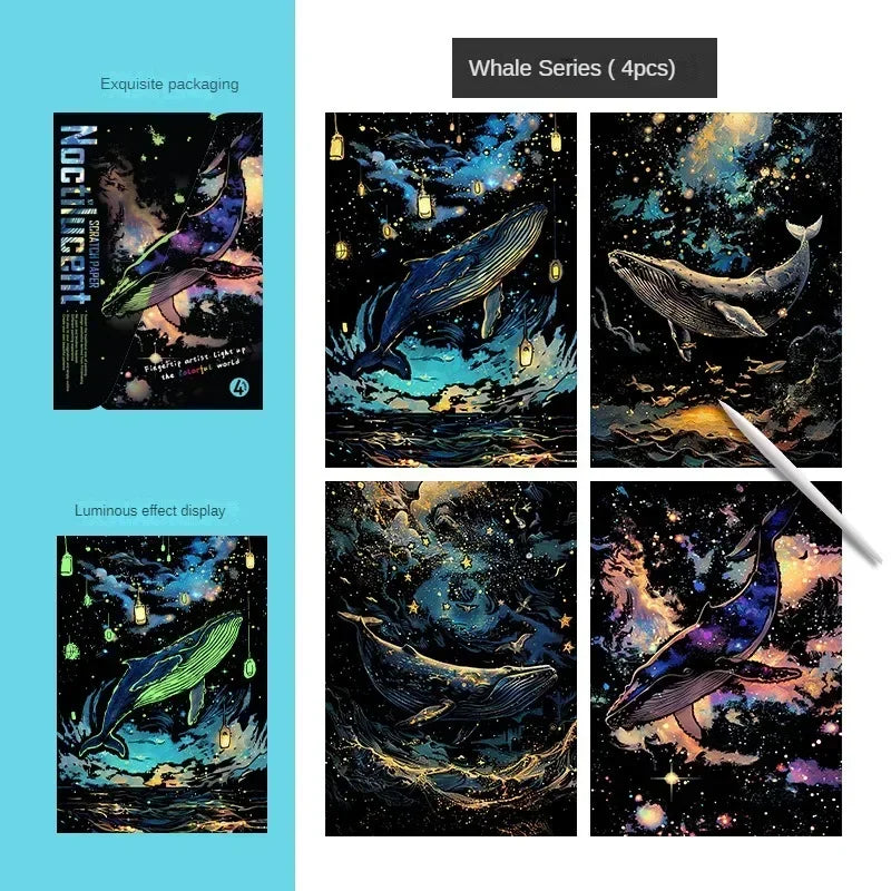 4Pcs/Set DIY Hand Drawn Luminous Painting Glow Scratch Painting Colorful Cardboard Painting Creative Draw Pictures