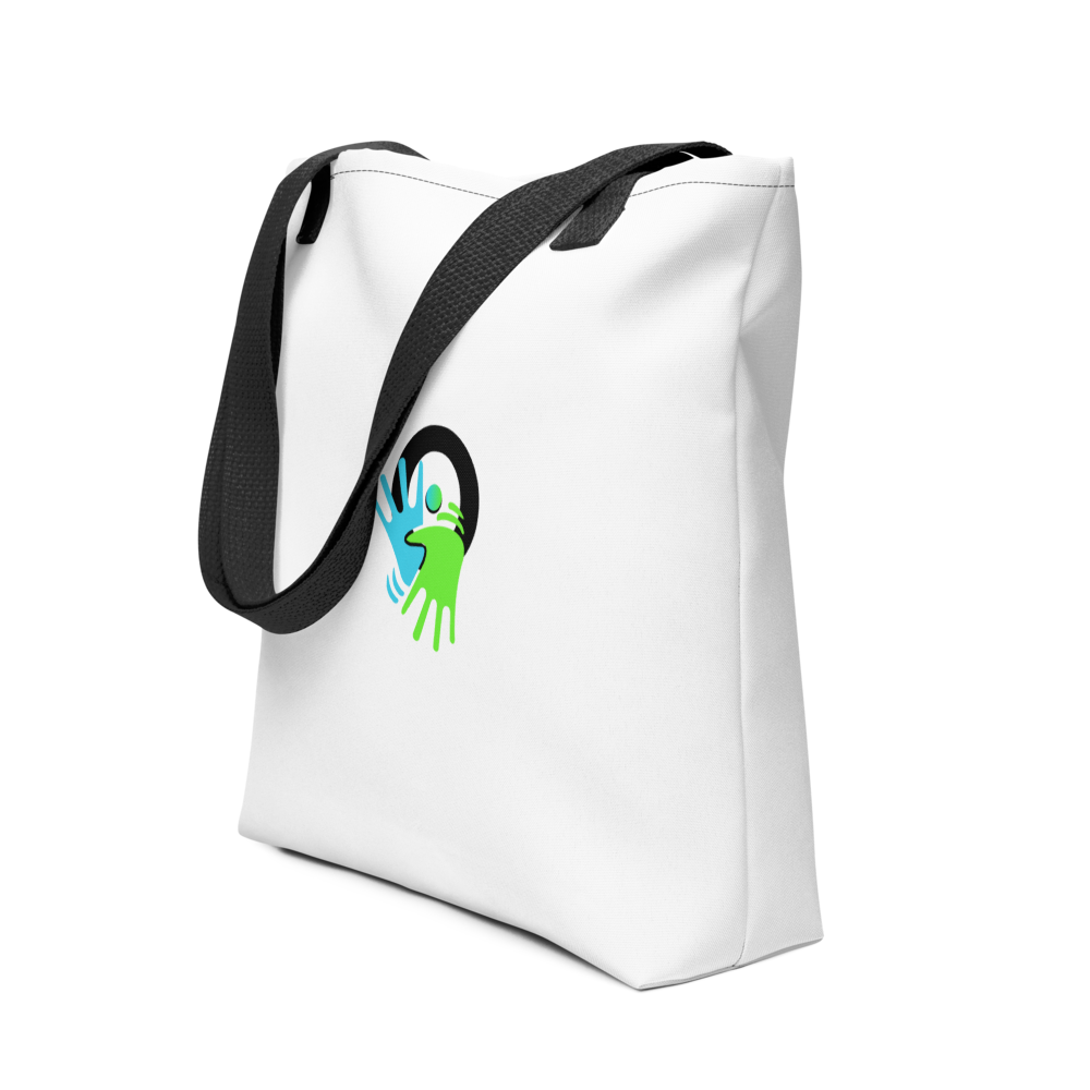 Sac Tote bag blanc avec logo centré, pratique et stylé. Il véhicule un message fort : valoriser la langue des signes aux côtés du français au quotidien.