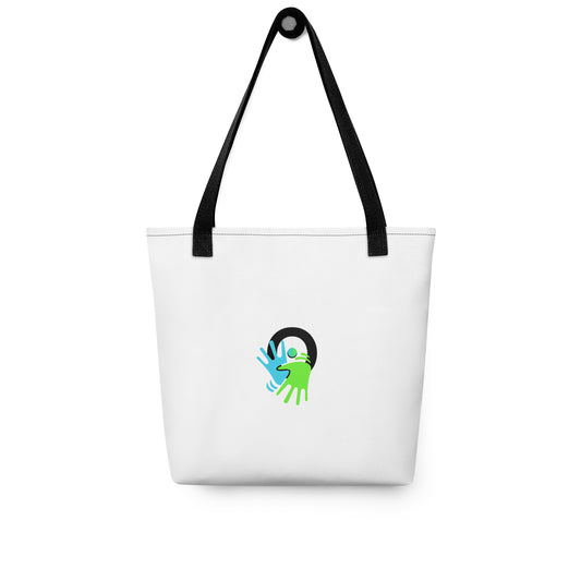 Sac Tote bag blanc avec logo centré, pratique et stylé. Il véhicule un message fort : valoriser la langue des signes aux côtés du français au quotidien.