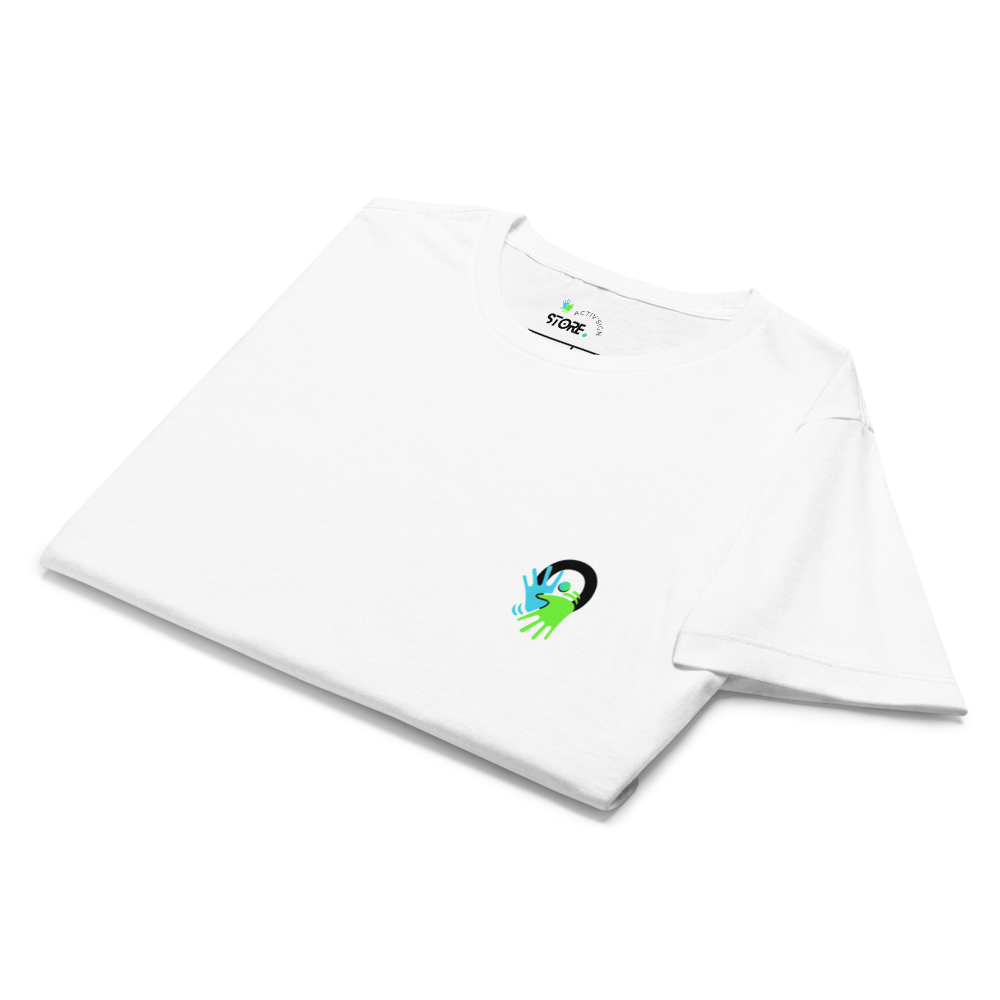 T-shirt blanc femme au style épuré. Un vêtement qui valorise la langue des signes et invite à la découverte et au dialogue au quotidien.