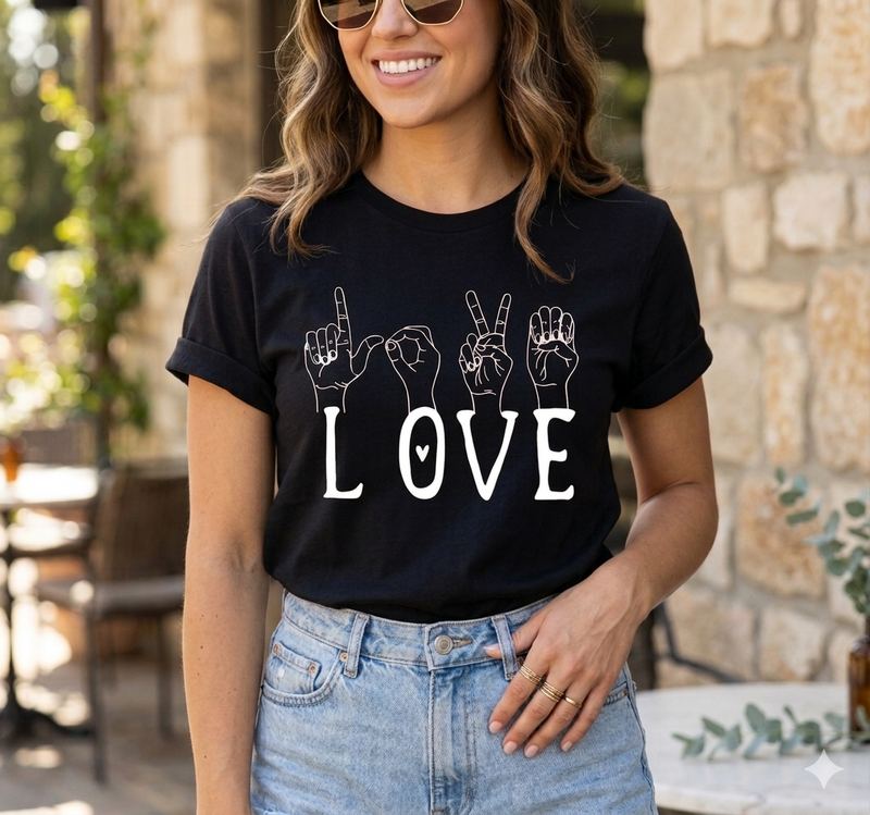 Tee-shirt femme noir LOVE AMOUR en langue des signes française Activ'Sign