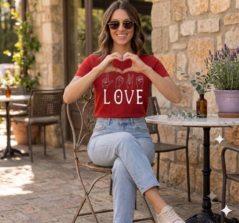Tee-shirt femme rouge LOVE AMOUR en langue des signes française Activ'Sign