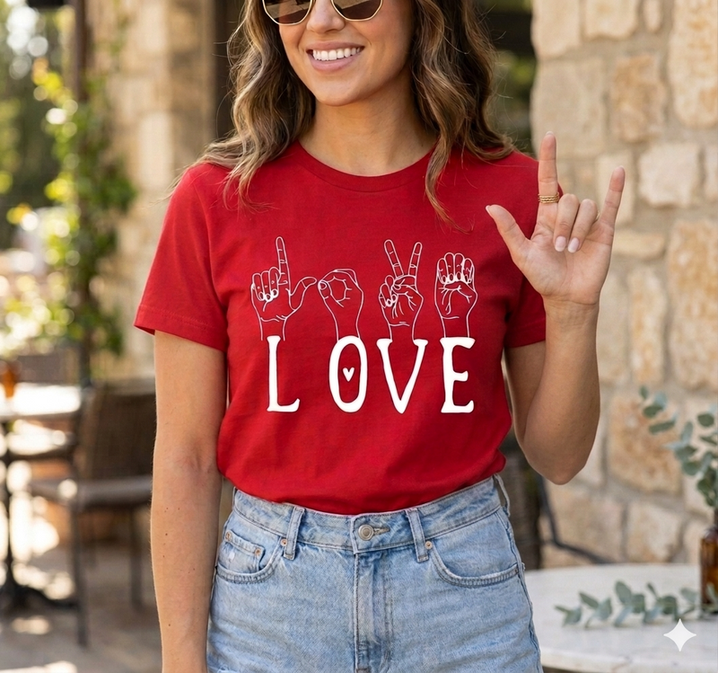 Tee-shirt femme rouge LOVE AMOUR en langue des signes française Activ'Sign